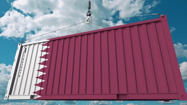Loading cargo container with flag of Qatar. Qatari import or export related conceptual 3D animation