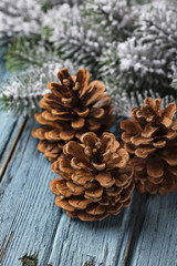 Fototapeta premium Christmas or New year festive background with pine cones