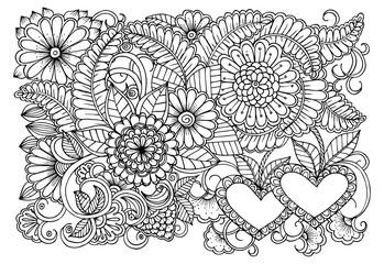 Page for coloring book. Outline flowers. Doodles in black and white