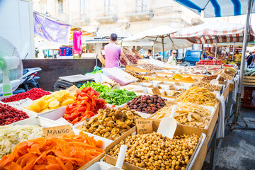 SYRACUSE, ITALY - MAY 04th, 2018: this traditional almonds and pistachios market is one of the most...