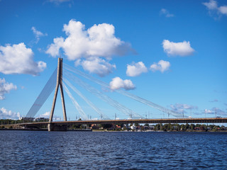 Fototapeta na wymiar Cable-stayed bridge in Riga, Latvia over the Daugava River