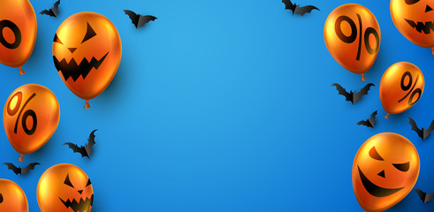 Blue Halloween poster with bats and balloons. Holiday sale.