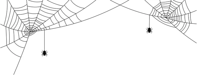 Foto op Plexiglas White Halloween banner with spiderweb and spiders. © Vjom