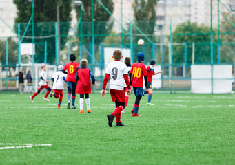 football teams - boys in red, blue, white uniform play soccer on the green field. boys dribbling. dribbling skills. Team game, training, active lifestyle, hobby, sport for kids concept