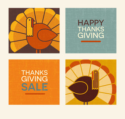 Happy Thanksgiving and autumn design elements set. Abstract turkeys and text designs. For greeting cards, web pages, banners, posters, decoration.