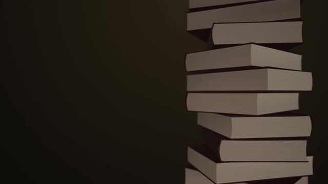 Animation rotation of stack of old books in library or home with flying letters. Books with leather covers and golden stripes. Animation of seamless loop.