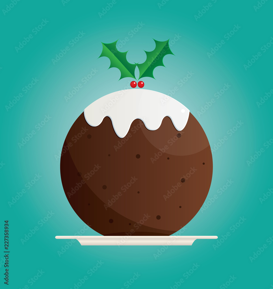 Wall mural A vector illustration of a traditional Christmas pudding on a teal background