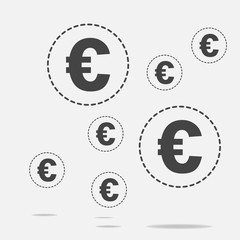 Vector image of the euro sign on gray background. Flat image euro icon with shadow.  Layers grouped for easy editing illustration. For your design.