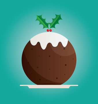 A vector illustration of a traditional Christmas pudding on a teal background