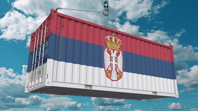 Loading container with flag of Serbia. Serbian import or export related conceptual 3D animation