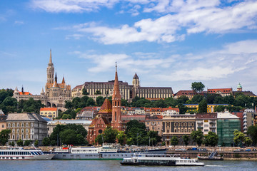 Cityscape of historical district in Budapest city on bank of Danube river, Hungary