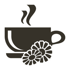 Icon cup of hot tea with chamomile flavor. Logo in flat style