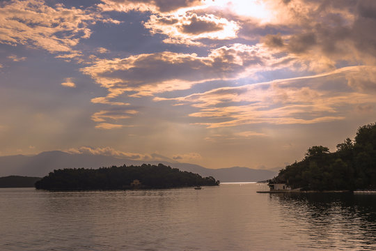 Morning view from the Nydri port to the nearby islands. Nydri is a tourist place on the island of Lefkada in Greece