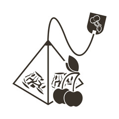 The icon of a tea bag pyramid with a cherry or cherry flavor. Logo in flat style
