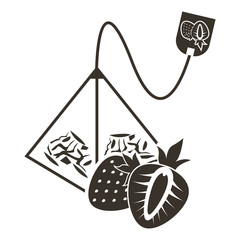 Icon tea bag pyramid with strawberry flavor. Logo in flat style