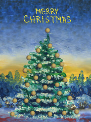 Christmas greeting card. Oil painting and digital technology.