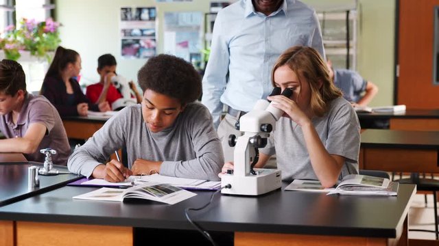High School Students With Tutor Using Microscope In Biology Class