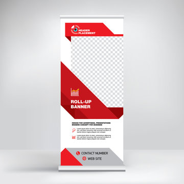 Roll-up design, modern graphic style, banner for advertising goods and services, stand for exhibitions, presentations, conferences, seminars. Abstract red background. Template for photos and text.