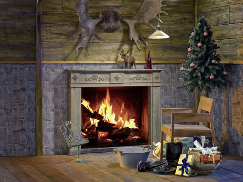 Kamin Zimmer an Weihnachten mit Weihnachtsbaum und Geschenken