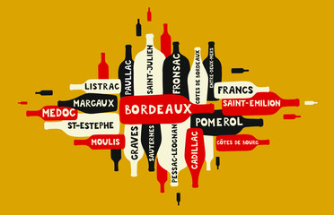 many wine bottles of different form and size going in different directions with Bordeaux appellations written on bottles - vector illustration