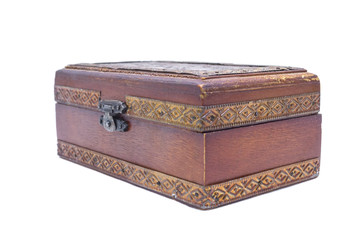 Wooden box on the side on white isolated background