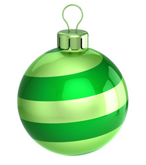 green Christmas ball striped. New Year's Eve decoration hanging adornment bauble shiny. Merry Xmas symbol. 3d illustration