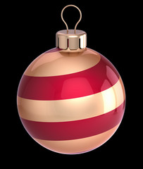 Christmas ball striped red golden decoration closeup modern decor. New Year's Eve hanging adornment traditional, Merry Xmas wintertime ornament glossy. 3d illustration, isolated on black