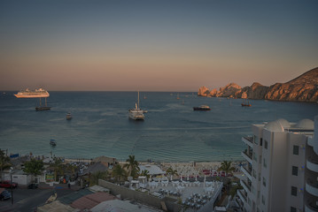Fototapeta premium A cruise ship at anchor in the bay at Cabo San Lucas, Baja California, Mexico.