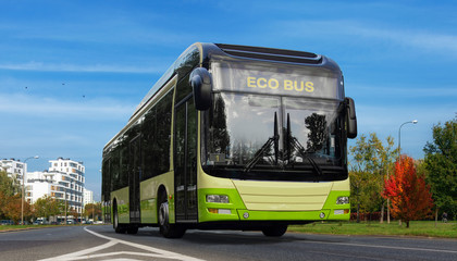 Fototapeta na wymiar Hybrid electric bus. Urban ecology green concept.