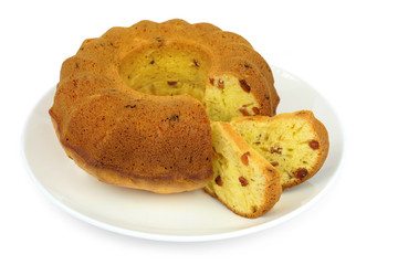 Raisin cake isolated on white background.