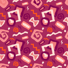 Seamless doodle art pattern vector illustration in red background with different shapes and texture perfect for fabric, textile, gift wrap, wallpaper