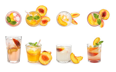 Set with different delicious peach drinks on white background