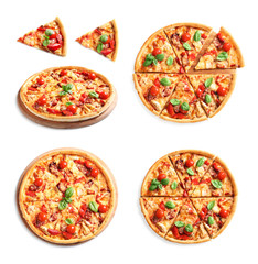 Set with delicious pizza on white background