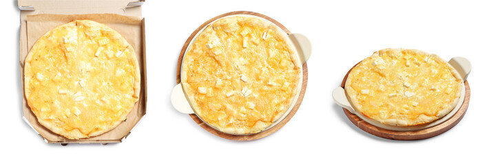 Set with delicious pizza on white background