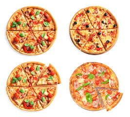 Set with different delicious pizzas on white background, top view