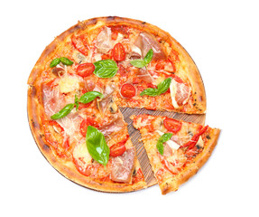 Delicious pizza with tomatoes and meat on white background