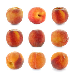 Set with juicy ripe peaches on white background