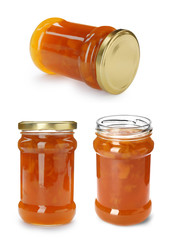 Set with jars of delicious peach jam on white background