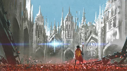 Poster de jardin Grand échec le chevalier regardant la lumière mystérieuse dans les bâtiments gothiques, style art numérique, peinture d& 39 illustration
