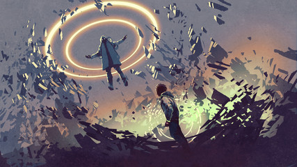 sci-fi scene showing fight of two futuristic men with magics, digital art style, illustration painting