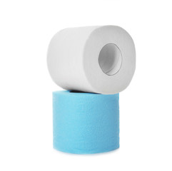 Rolls of toilet paper on white background
