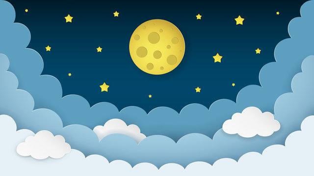 Full moon, stars, clouds on the dark midnight sky background. Night sky scenery background. Paper art style. Minimal design. Vector Illustration.