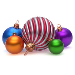colorful Christmas balls group decoration five shiny. New Years Eve baubles multicolored, wintertime decoration hanging Merry Xmas adornment traditional symbol. 3d illustration