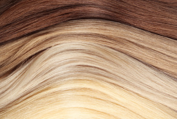 Strands of different color hair as background, closeup