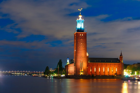 Stockholm City Hall or Stadshuset at night in the Old Town in Stockholm, capital of Sweden