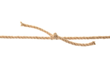 Hemp rope with knot on white background. Organic material