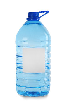 Large plastic bottle of pure water with blank tag on white background