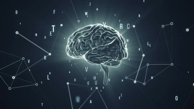 Animation of rotation human brain with flying data around. Animation of seamless loop.