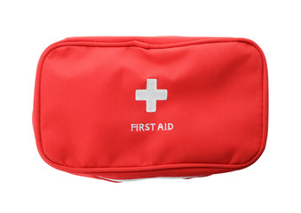 First aid kit on white background, top view