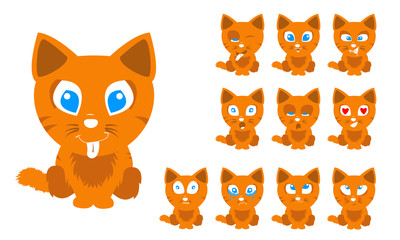 Vector illustration set of cute and funny cartoon little orange cat with facial Expressions
